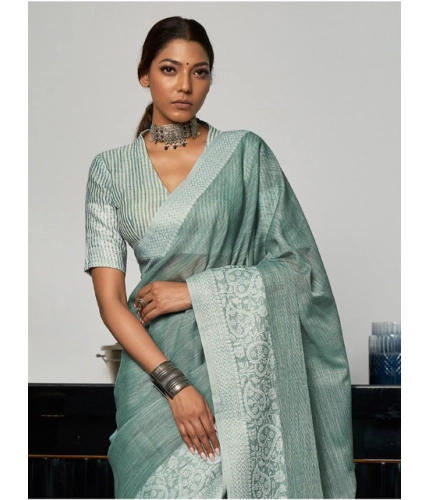Generic Women's Linen Printed Saree With Unstitched Blouse 5.5Mtr (Sea Green)