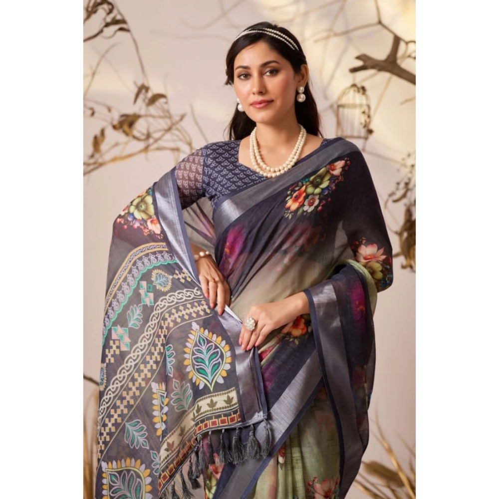 Generic Women's Faux_Linen Printed Saree With Unstitched Blouse 5.5Mtr (Navy_Blue)