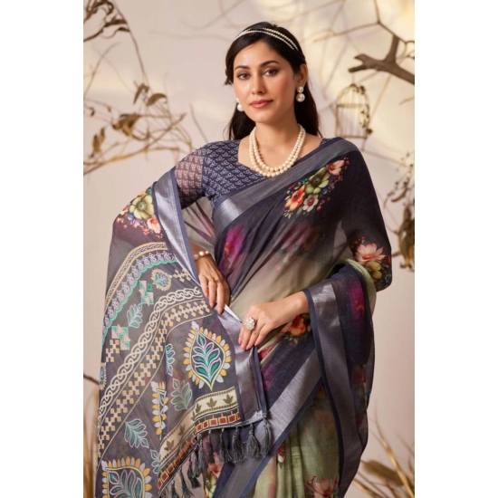 Generic Women's Faux_Linen Printed Saree With Unstitched Blouse 5.5Mtr (Navy_Blue)