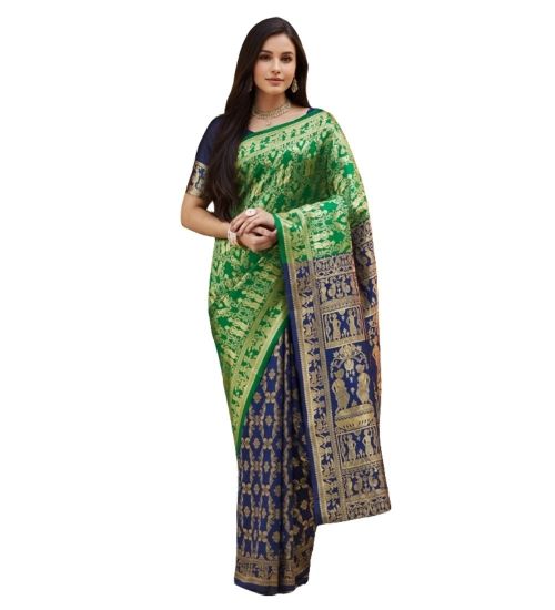 Generic Women's Silk Blend Zari Weaving Saree With Unstitched Blouse 5.5Mtr (Green)