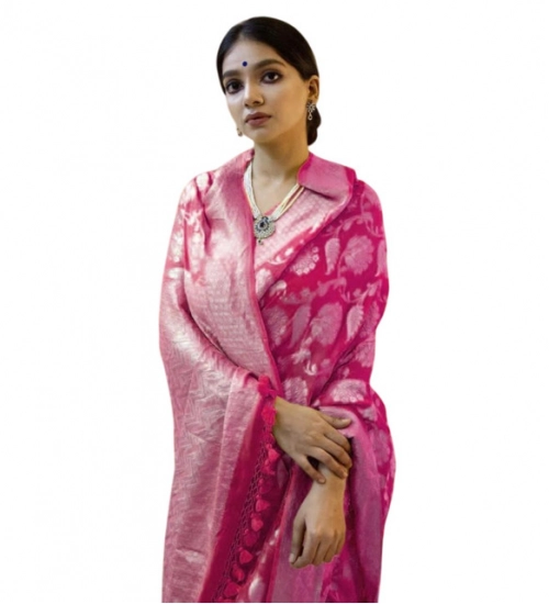 Generic Women's Soft Litchi Silk Jacquard Work Saree With Unstitched Blouse 5.5Mtr (Pink)
