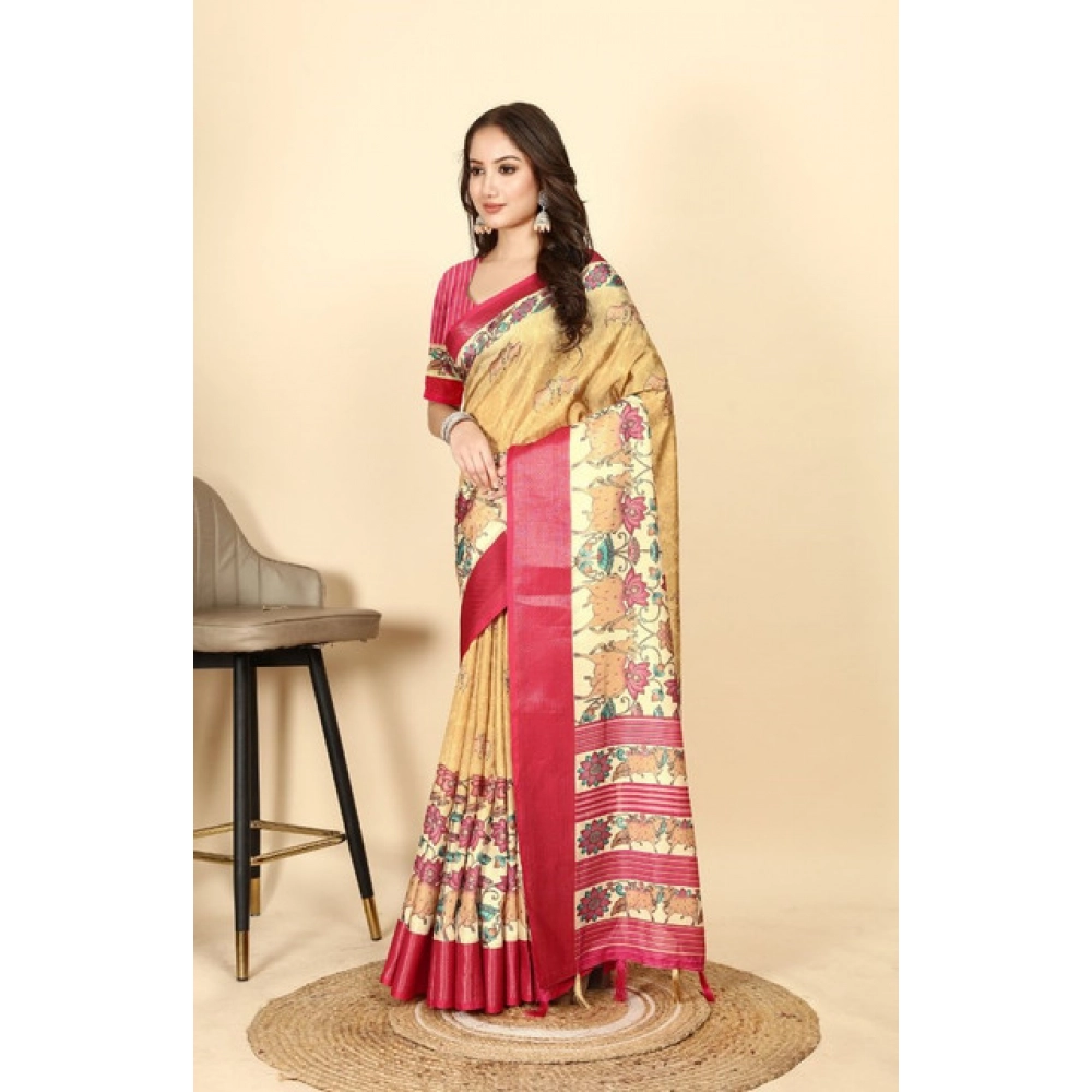 Women's Cotton Silk Printed Saree With Unstitched Blouse 5.5Mtr (Yellow Red)