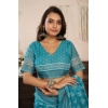 Generic Women's Faux Linen Floral Print Ready to wear Saree With Unstitched Blouse 5.5Mtr (AquaBlue)