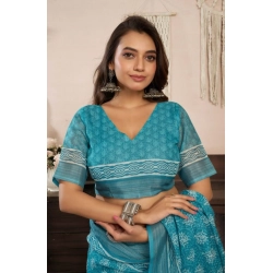 Generic Women's Faux Linen Floral Print Ready to wear Saree With Unstitched Blouse 5.5Mtr (AquaBlue)