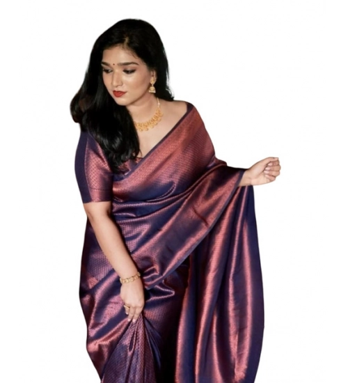 Generic Women's Soft Litchi Silk Jacquard Work Saree With Unstitched Blouse 5.5Mtr (Purple)