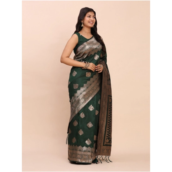 Generic Women's Banarasi Silk Printed Saree With Unstitched Blouse 5.5Mtr (Green)
