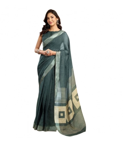 Generic Women's Faux Linen Floral Ready to wear Saree With Unstitched Blouse 5.5Mtr (Light_Teal)