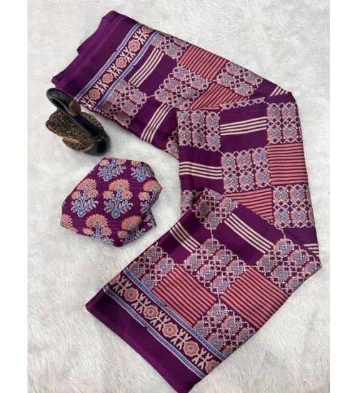 Generic Women's Gajji Soft Silk Printed Saree With Unstitched Blouse 5.5Mtr (Purple)