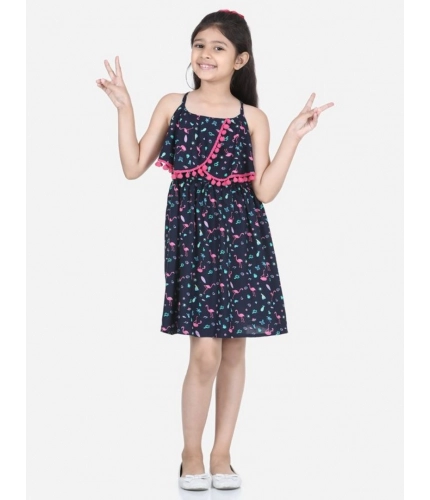 Generic Girl's Rayon Flamingo Print Sleeveless Dress (Black)