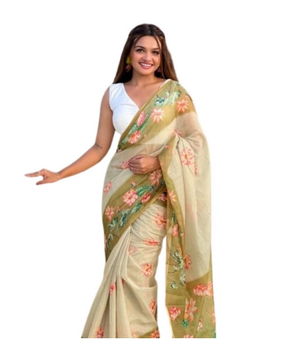 Generic Women's Linen Printed Saree With Unstitched Blouse 5.5Mtr (Mahendi)