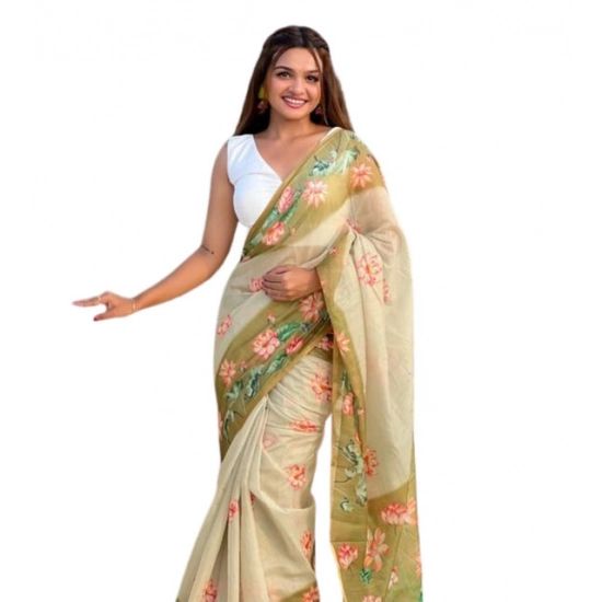 Generic Women's Linen Printed Saree With Unstitched Blouse 5.5Mtr (Mahendi)