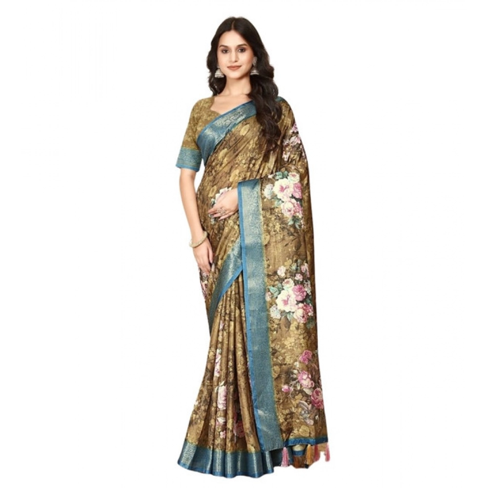 Generic Women's Cotton Blend Floral Printed Saree With Unstitched Blouse 5.5Mtr (Multicolor)