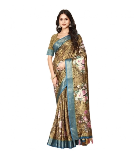 Generic Women's Cotton Blend Floral Printed Saree With Unstitched Blouse 5.5Mtr (Multicolor)