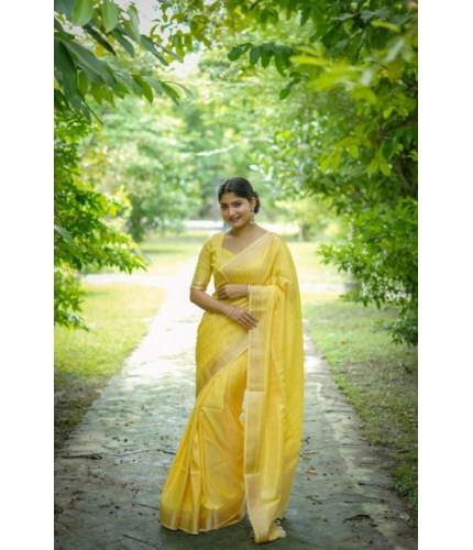 Generic Women's Faux_Banarasi Lining Pattern Saree With Unstitched Blouse 5.5Mtr (Yellow)