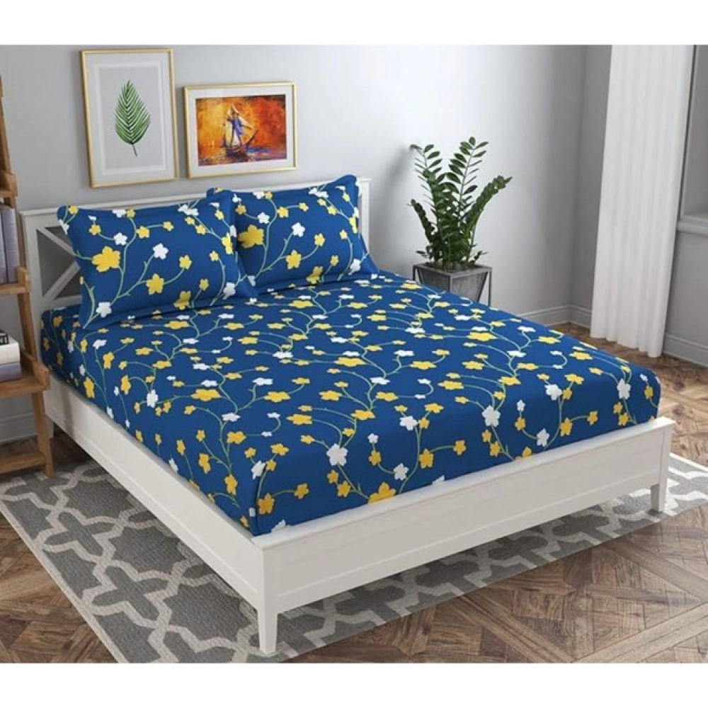 Generic Microfiber Floral Printed Double Bedsheet with 2 Pillow Covers (Blue)