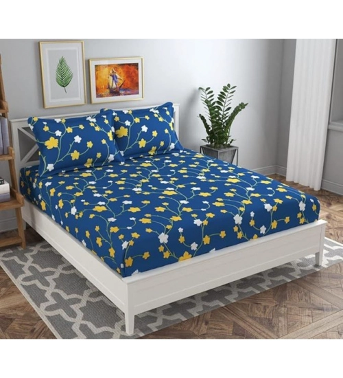 Generic Microfiber Floral Printed Double Bedsheet with 2 Pillow Covers (Blue)
