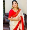 Generic Women's Soft Lichi Silk Printed Saree With Unstitched Blouse 5.5Mtr (White)