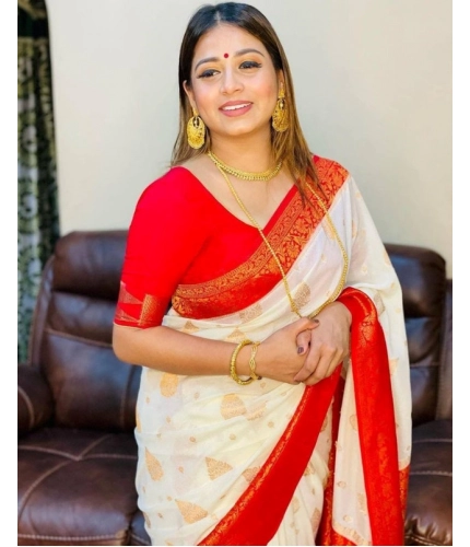 Generic Women's Soft Lichi Silk Printed Saree With Unstitched Blouse 5.5Mtr (White)