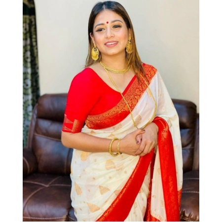 Generic Women's Soft Lichi Silk Printed Saree With Unstitched Blouse 5.5Mtr (White)