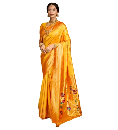 Generic Women's Silk Blend Paithani Saree With Unstitched Blouse 5.5Mtr (Mustard)