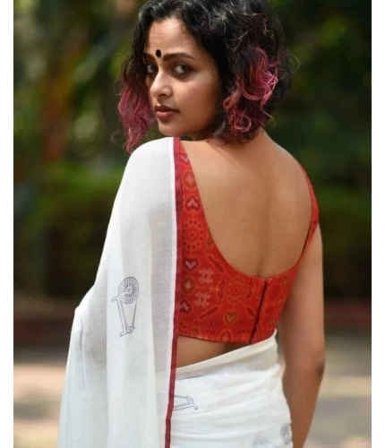 Generic Women's Linen Printed Saree With Unstitched Blouse 5.5Mtr (White)