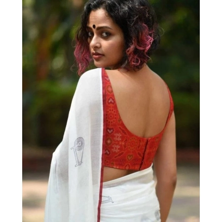 Generic Women's Linen Printed Saree With Unstitched Blouse 5.5Mtr (White)