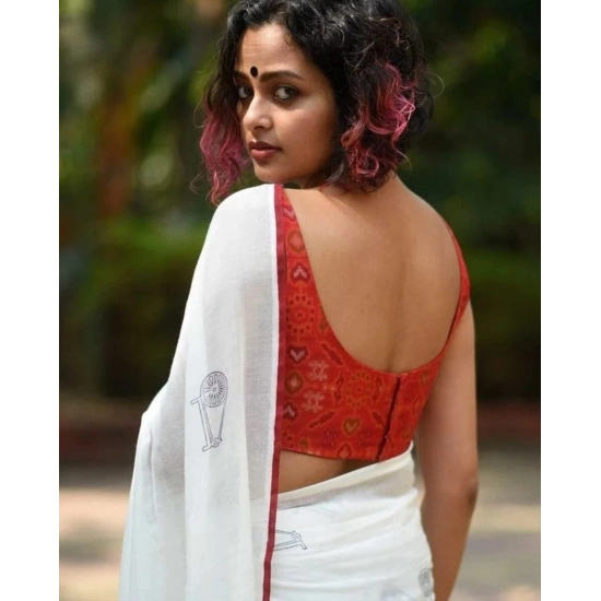 Generic Women's Linen Printed Saree With Unstitched Blouse 5.5Mtr (White)