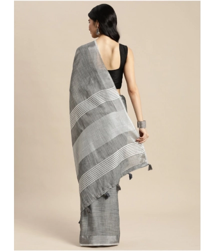 Generic Women's Linen Cotton Printed Saree With Unstitched Blouse 5.5Mtr (Dark Grey)