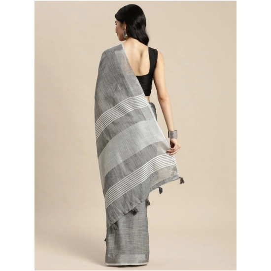 Generic Women's Linen Cotton Printed Saree With Unstitched Blouse 5.5Mtr (Dark Grey)