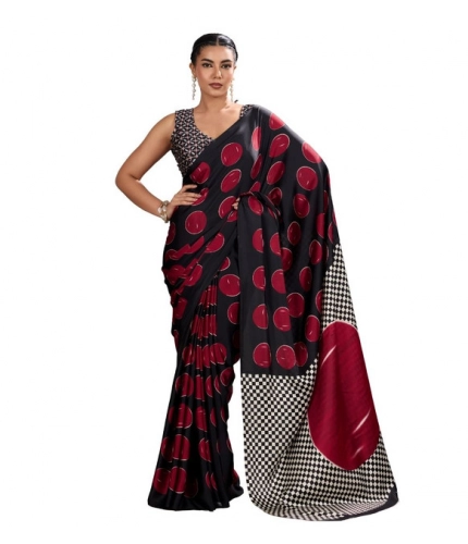 Generic Women's Satin Crepe Printed Saree With Unstitched Blouse 5.5Mtr (Maroon)