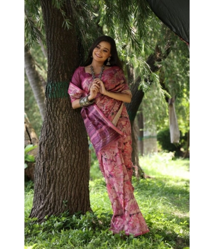 Generic Women's Faux_Tussar_Silk Abstract_Print Saree With Unstitched Blouse 5.5Mtr (Pink)