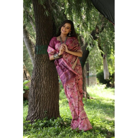 Generic Women's Faux_Tussar_Silk Abstract_Print Saree With Unstitched Blouse 5.5Mtr (Pink) Generic Women's Faux_Tussar_Silk Abstract_Print Saree With Unstitched Blouse 5.5Mtr (Pink)