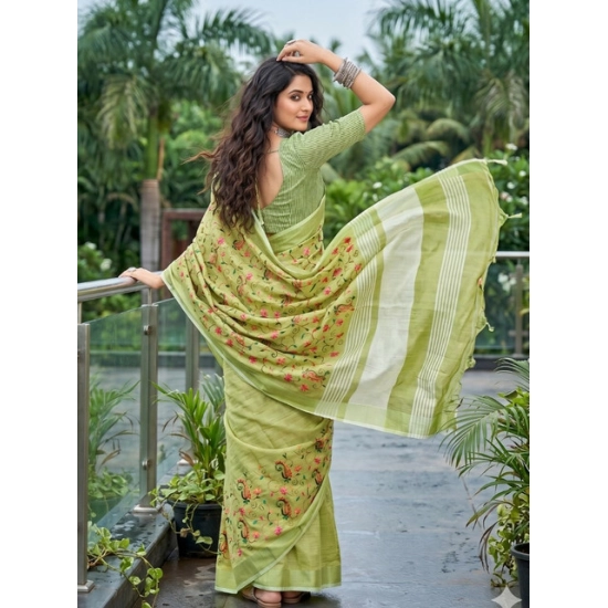 Generic Women's Linen Floral Embroidered Saree With Unstitched Blouse 5.5Mtr (Light Green) Generic Women's Linen Floral Embroidered Saree With Unstitched Blouse 5.5Mtr (Light Green)