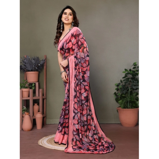 Generic Women's Chiffon Printed Saree With Unstitched Blouse 5.5Mtr (Pink)