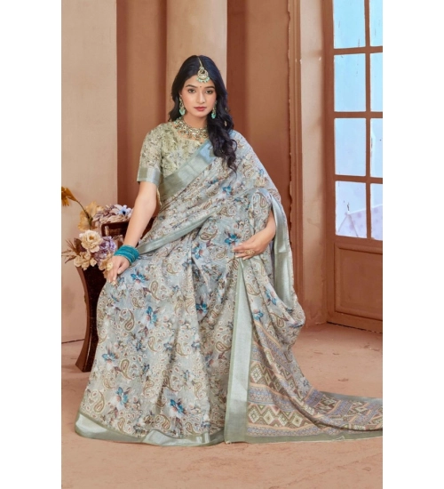 Generic Women's Printed Cotton Linen Saree withPrinted  Saree With Unstitched Blouse (Mint Green, 5-6Mtrs)