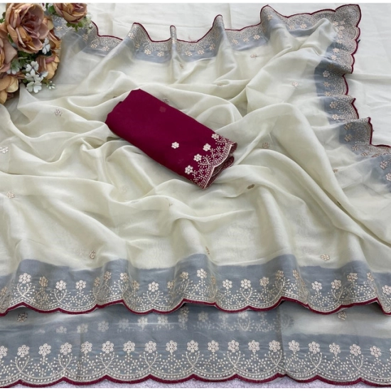Generic Women's Star Georgette Embroidered Saree With Unstitched Blouse 5.5Mtr (Off White)