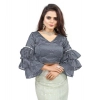 Generic Women's Organza Solid V Neck Layered Ruffle Sleeve Readymade Blouse (Grey Free Size , up to 38–40 Bust)-PID65851