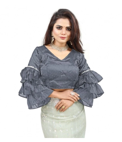 Generic Women's Organza Solid V Neck Layered Ruffle Sleeve Readymade Blouse (Grey Free Size , up to 38–40 Bust)-PID65851