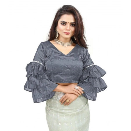 Generic Women's Organza Solid V Neck Layered Ruffle Sleeve Readymade Blouse (Grey Free Size , up to 38–40 Bust)-PID65851 Generic Women's Organza Solid V Neck Layered Ruffle Sleeve Readymade Blouse (Grey Free Size , up to 38–40 Bust)-PID65851