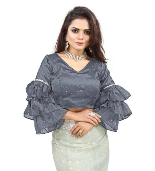 Generic Women's Organza Solid V Neck Layered Ruffle Sleeve Readymade Blouse (Grey Free Size , up to 38–40 Bust)-PID65851 Generic Women's Organza Solid V Neck Layered Ruffle Sleeve Readymade Blouse (Grey Free Size , up to 38–40 Bust)-PID65851
