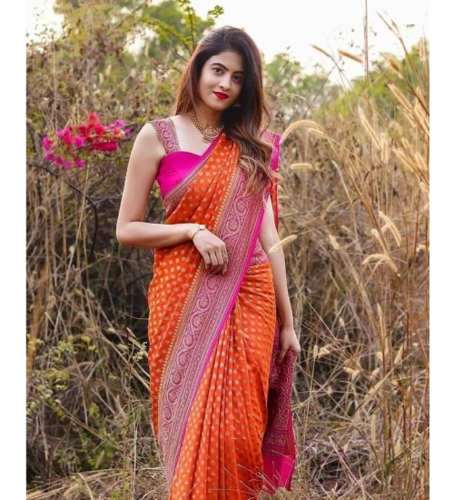 Generic Women's Soft Litchi Silk Jacquard Work Saree With Unstitched Blouse 5.5Mtr (Orange)