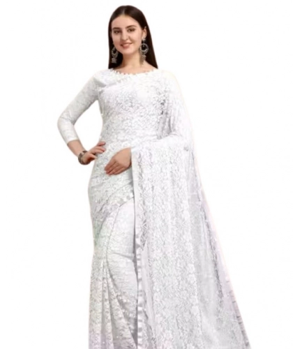 Generic Women's Net Self Design Saree With Unstitched Blouse 5.5Mtr (White)