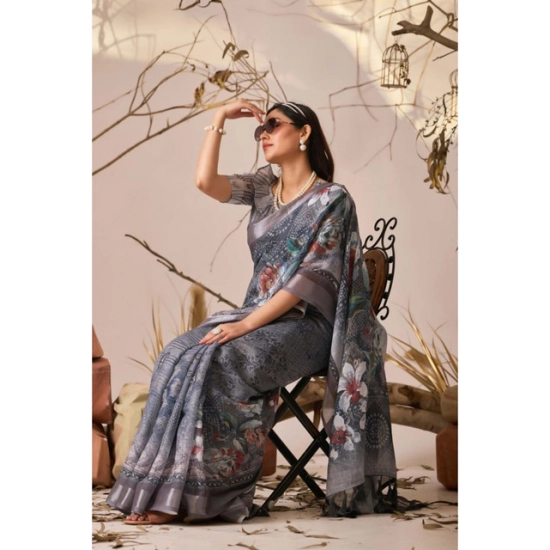 Generic Women's Faux_Linen Printed Saree With Unstitched Blouse 5.5Mtr (Light_Grey) Generic Women's Faux_Linen Printed Saree With Unstitched Blouse 5.5Mtr (Light_Grey)
