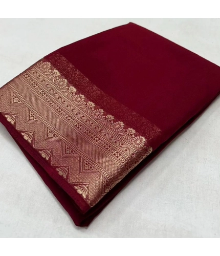 Generic Women's Crepe Chit Pallu Solid Saree With Unstitched Blouse 5.5Mtr (Maroon)