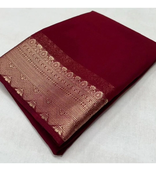 Generic Women's Crepe Chit Pallu Solid Saree With Unstitched Blouse 5.5Mtr (Maroon)