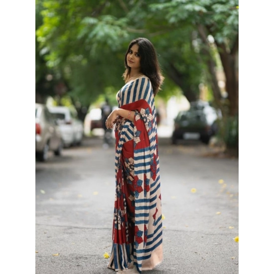 Generic Women's Linen Printed Saree With Unstitched Blouse 5.5Mtr (Red)