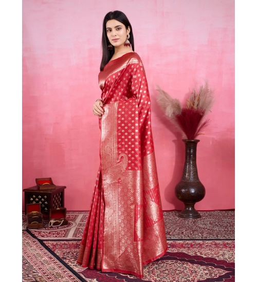 Generic Women's Banarasi Silk Printed Saree With Unstitched Blouse 5.5Mtr (Red)