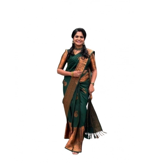 Generic Women's Soft Lichi Silk Printed Saree With Unstitched Blouse 5.5Mtr (Green)