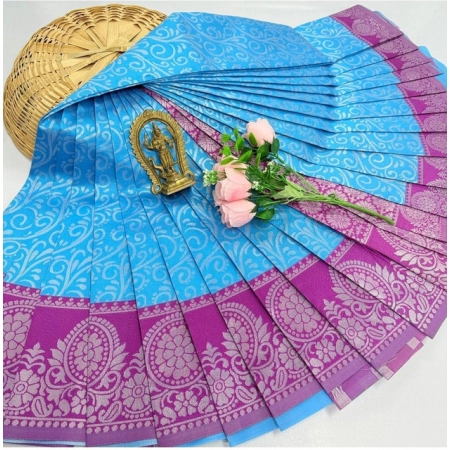 Generic Women's Soft Silk Printed Saree With Unstitched Blouse 5.5Mtr (Sky Blue)
