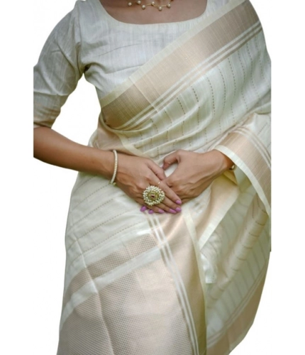 Generic Women's Faux_Banarasi Lining Pattern Saree With Unstitched Blouse 5.5Mtr (Off_White)